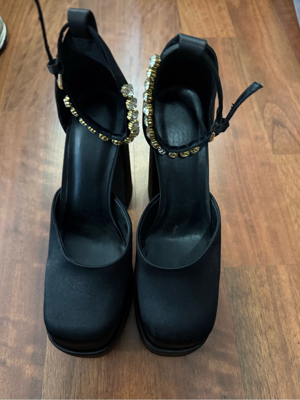 Black Ankle-Strap Platform Heels with Gold Accent